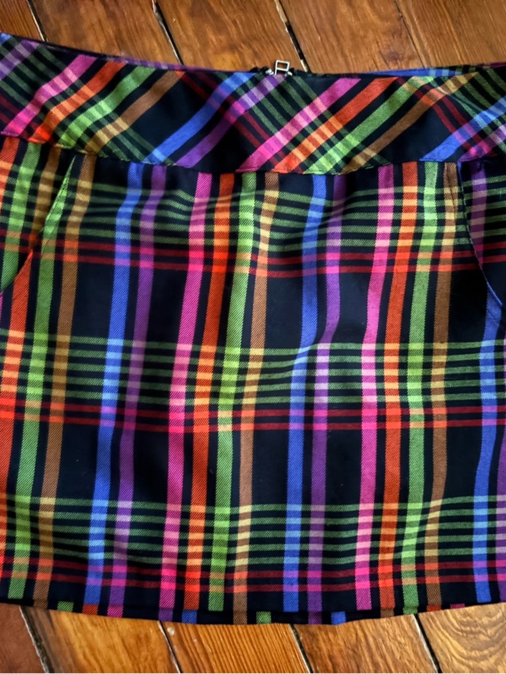 Aeropostale Black Plaid Skirt with Neon Pink, Green, Blue and Orange Stripes
